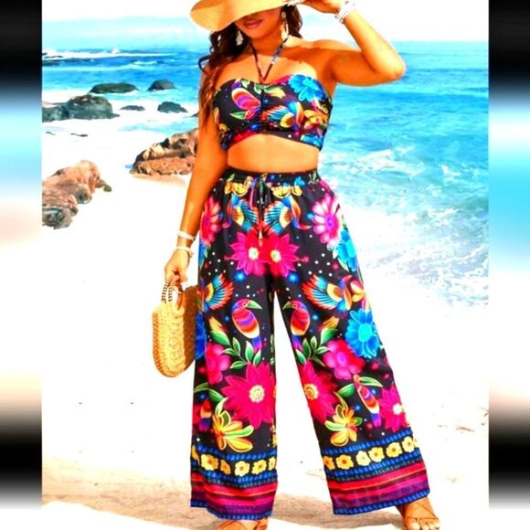 Beautiful floral print two piece Halter neck pant set sz 4x - Picture 2 of 4